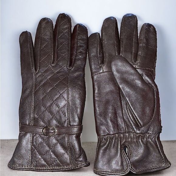 Vintage - Ladies Chocolate Brown Leather Gloves l Gold Hardware Buckle l Lined - Picture 1 of 8